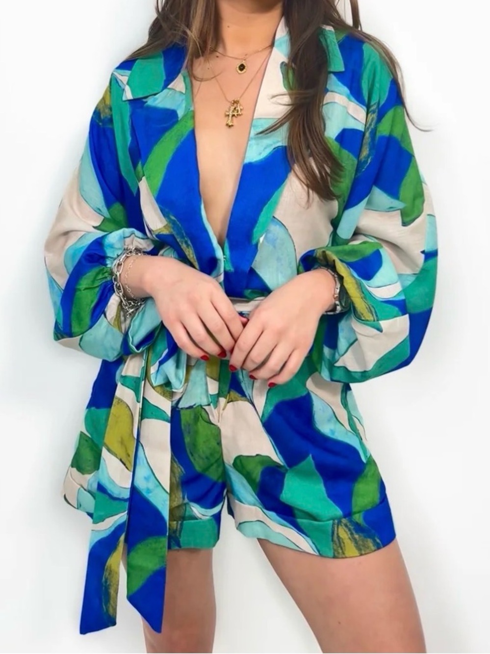 Luxxel Blue, Green & Cream Abstract Wrap Romper